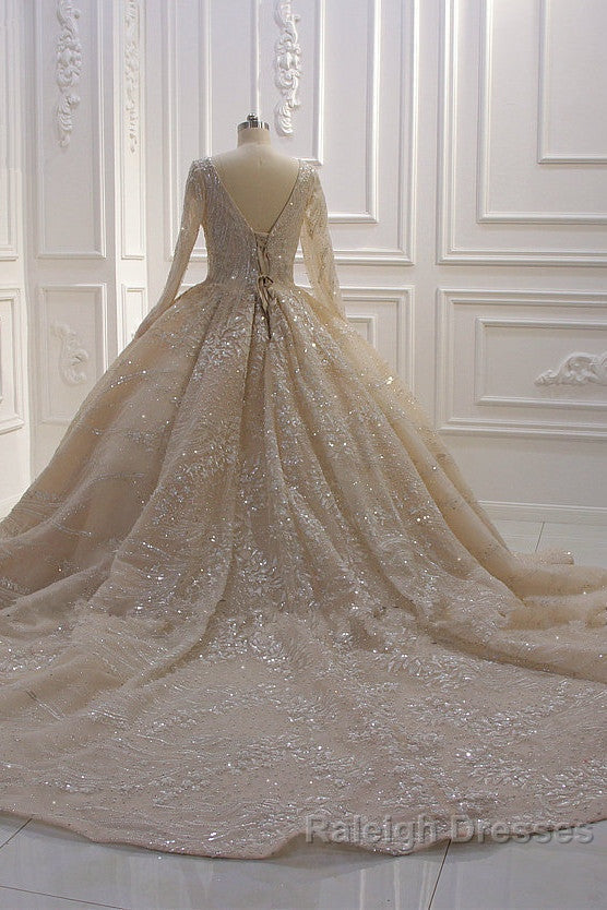 Glamorous Long Sleeve V Neck Sequin Beading Ball Gown Wedding Dresses