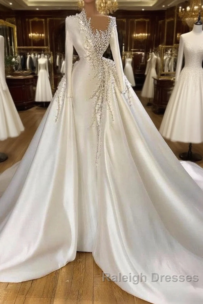 Glamorous Long Sleeves Pearls Wedding Dresses Mermaid With Detachable Train Main image