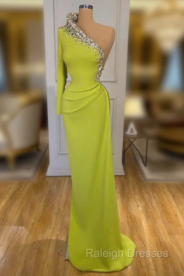 Glamorous One Shoulder Long Sleeves Mermaid Prom Dresses With Beads Main image