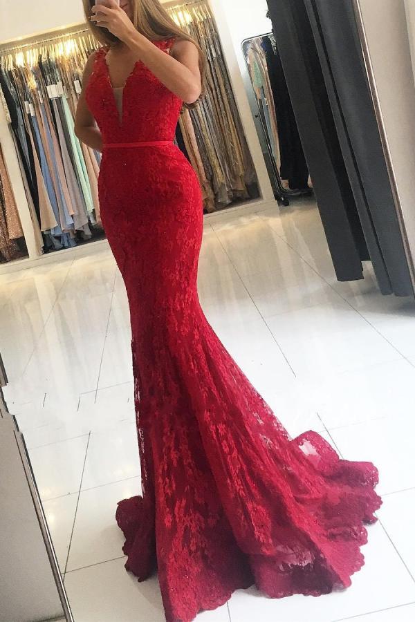 Glamorous Red Wide Strap Lace Evening Dress V-Neck Long