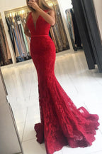 Glamorous Red Wide Strap Lace Evening Dress V-Neck Long