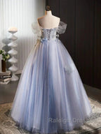 Glitter A-Line Off Shoulder Tulle Flower Quinceanera Dresses Blue Prom Dresses Long Beautiful