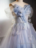 Glitter A-Line Off Shoulder Tulle Flower Quinceanera Dresses Blue Prom Dresses Long Beautiful
