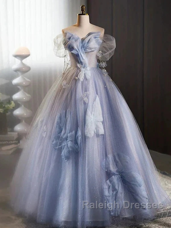 Glitter A-Line Off Shoulder Tulle Flower Quinceanera Dresses Blue Prom Dresses Long Beautiful