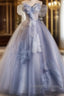 Glitter A-Line Off Shoulder Tulle Flower Quinceanera Dresses Blue Prom Dresses Long Beautiful