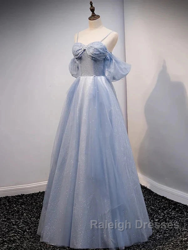 Glitter A-Line Princess Off Shoulder Tulle Gray Blue Long Prom Dress Sparkly Evening Dress Secondary image
