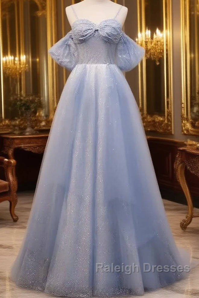 Glitter A-Line Princess Off Shoulder Tulle Gray Blue Long Semi Formal ...