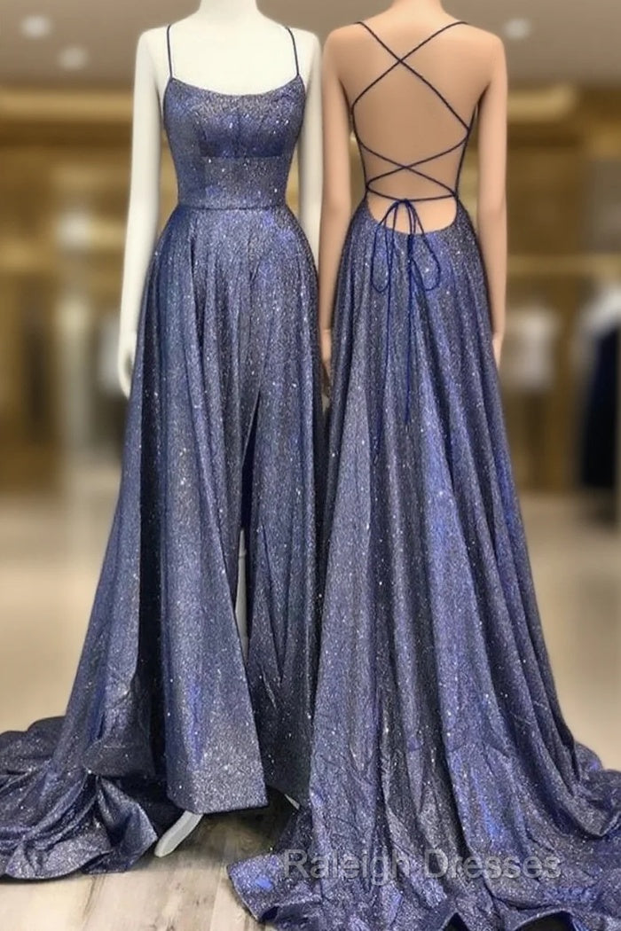 Glitter A Line Sequin Prom Dresses Corss Back With Split Main image