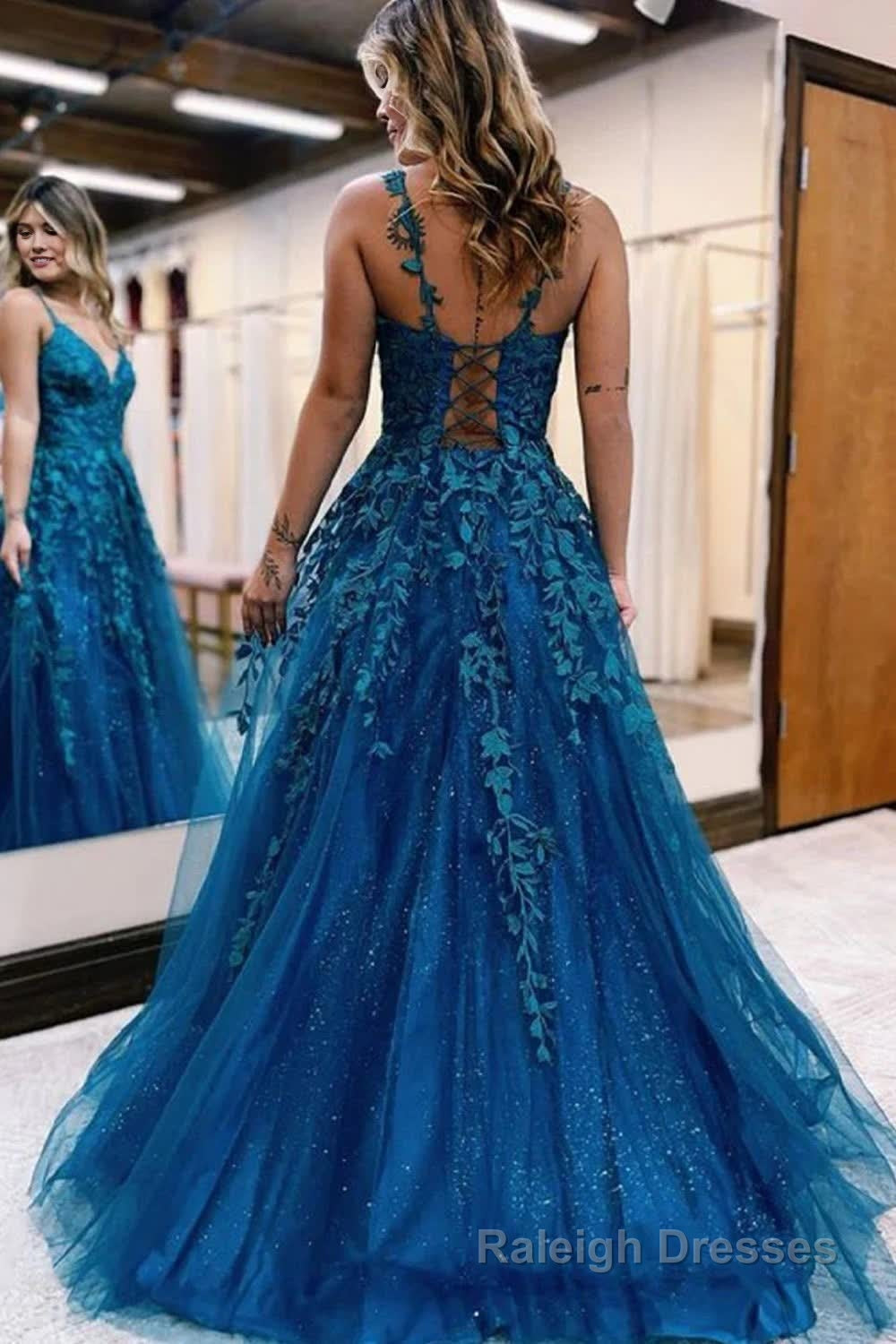 Glitter Blue Lace A Line Long Prom Dress Secondary image