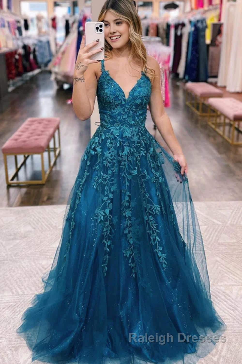Glitter Blue Lace A Line Long Prom Dress