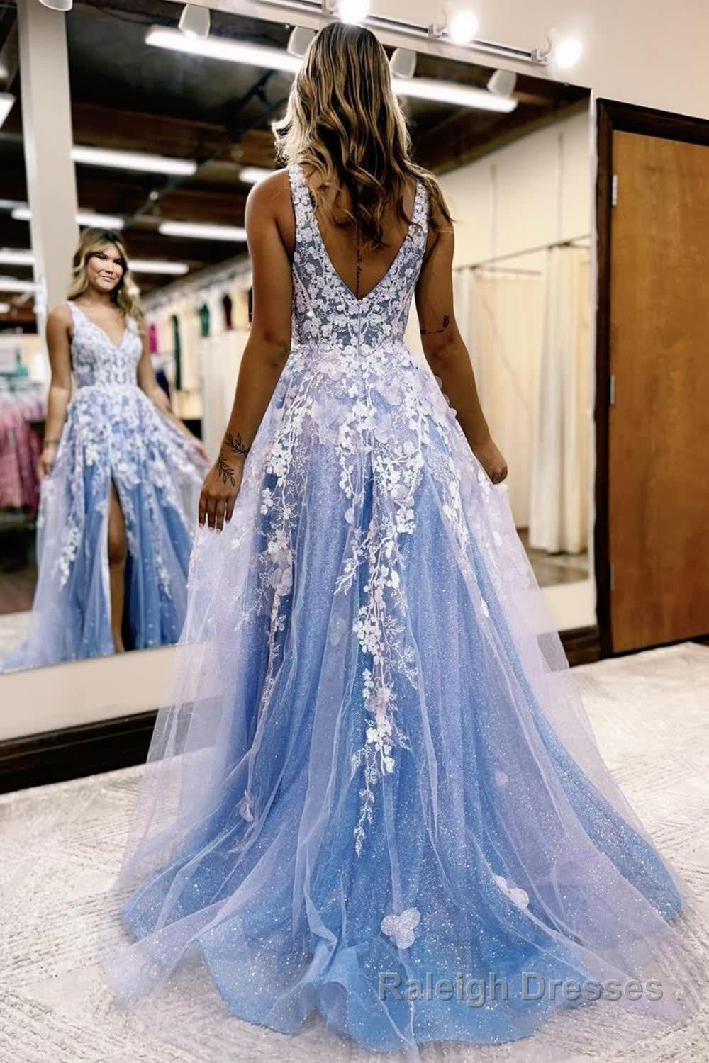 Glitter Blue Lace A-Line Long Prom Dress with Flowers and Pockets Secondary image