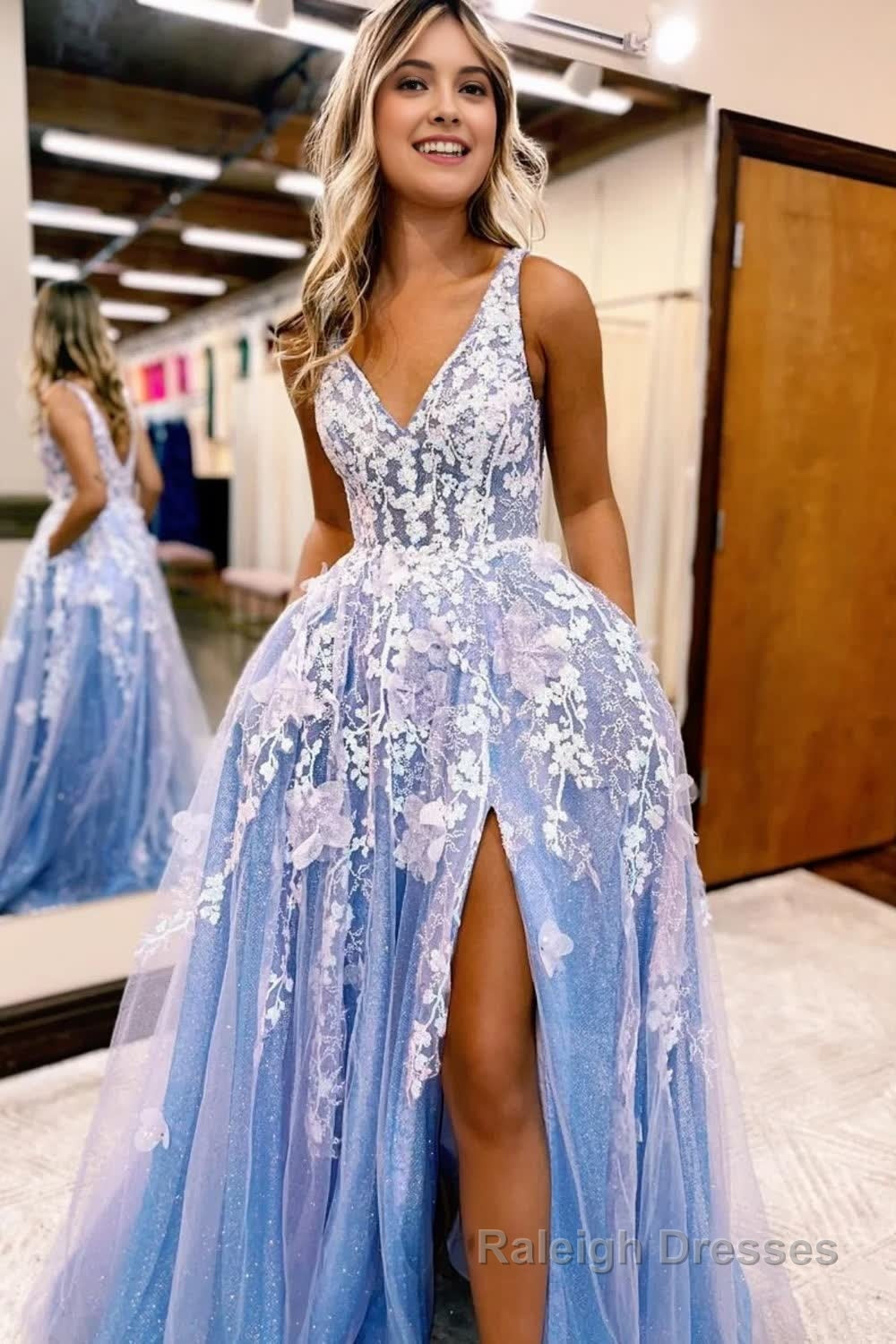 Glitter Blue Lace A Line Long Prom Dress with Flowers and Pockets