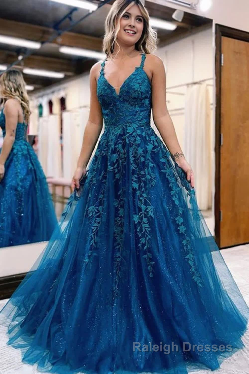 Glitter Blue Lace A Line Long Prom Dress Main image