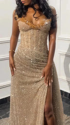Glitter Bodycon Champagne Evening Prom Dress, Sexy Beaded Split Party Formal Gown