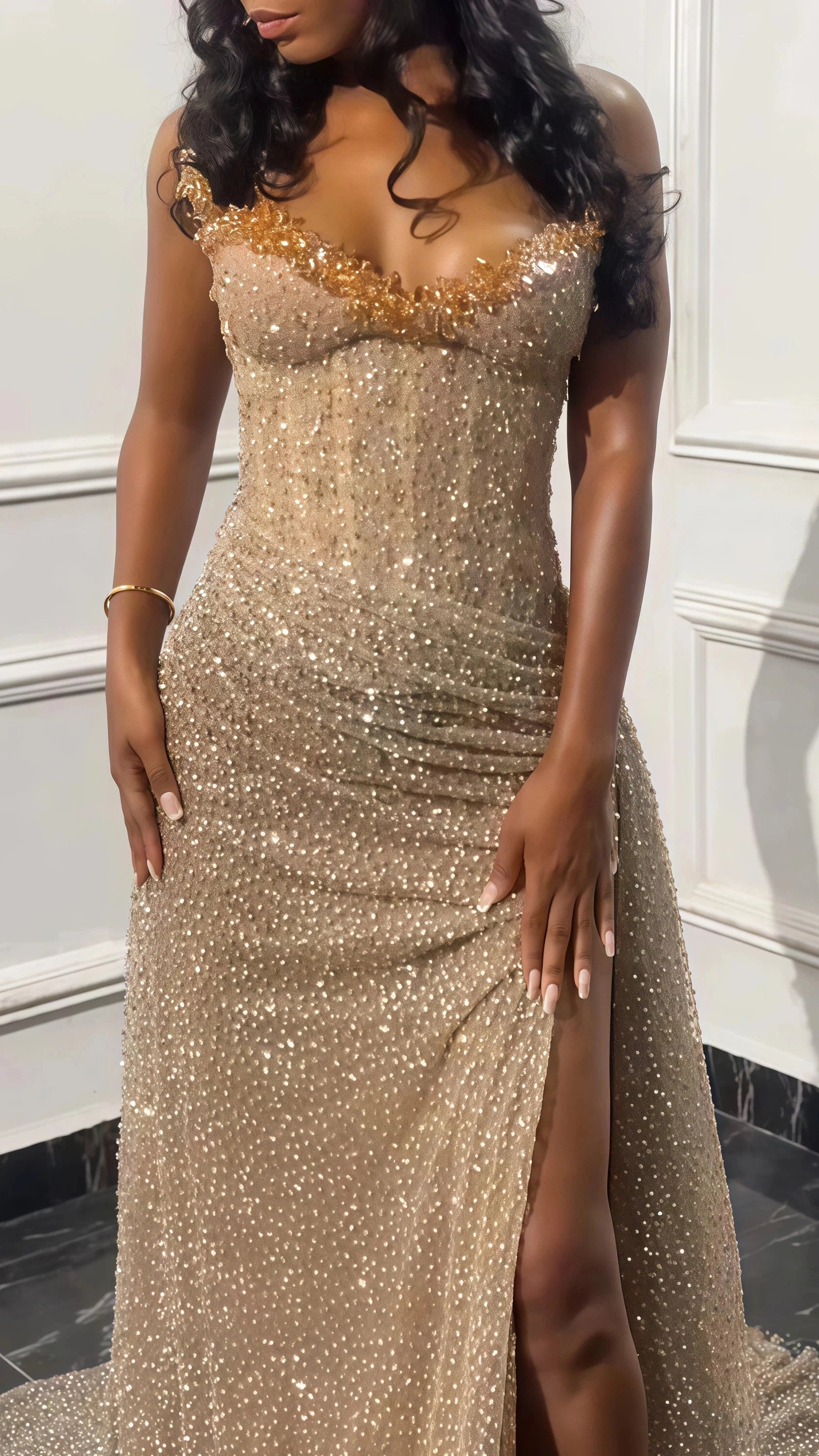 Glitter Bodycon Champagne Evening Prom Dress, Sexy Beaded Split Party Formal Gown