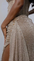 Glitter Bodycon Champagne Evening Prom Dress, Sexy Beaded Split Party Formal Gown