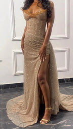 Glitter Bodycon Champagne Evening Prom Dress, Sexy Beaded Split Party Formal Gown