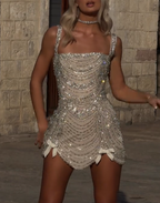 Glitter Champagne Tulle Beaded Birthday Outfits Short Sheath Homecoming Dresses Cocktail Dresses