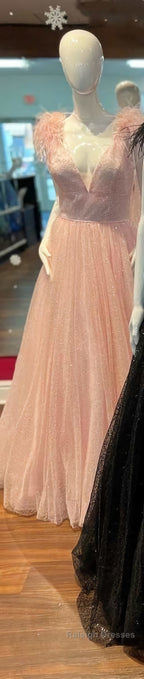Glitter Feathers V Neck Empire Waist A Line Prom Gown Prom Dresses