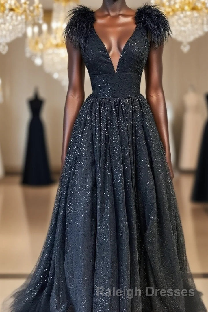 Glitter Feathers V-Neck Empire Waist A-Line Prom Gown,Evening Party Dress Main image