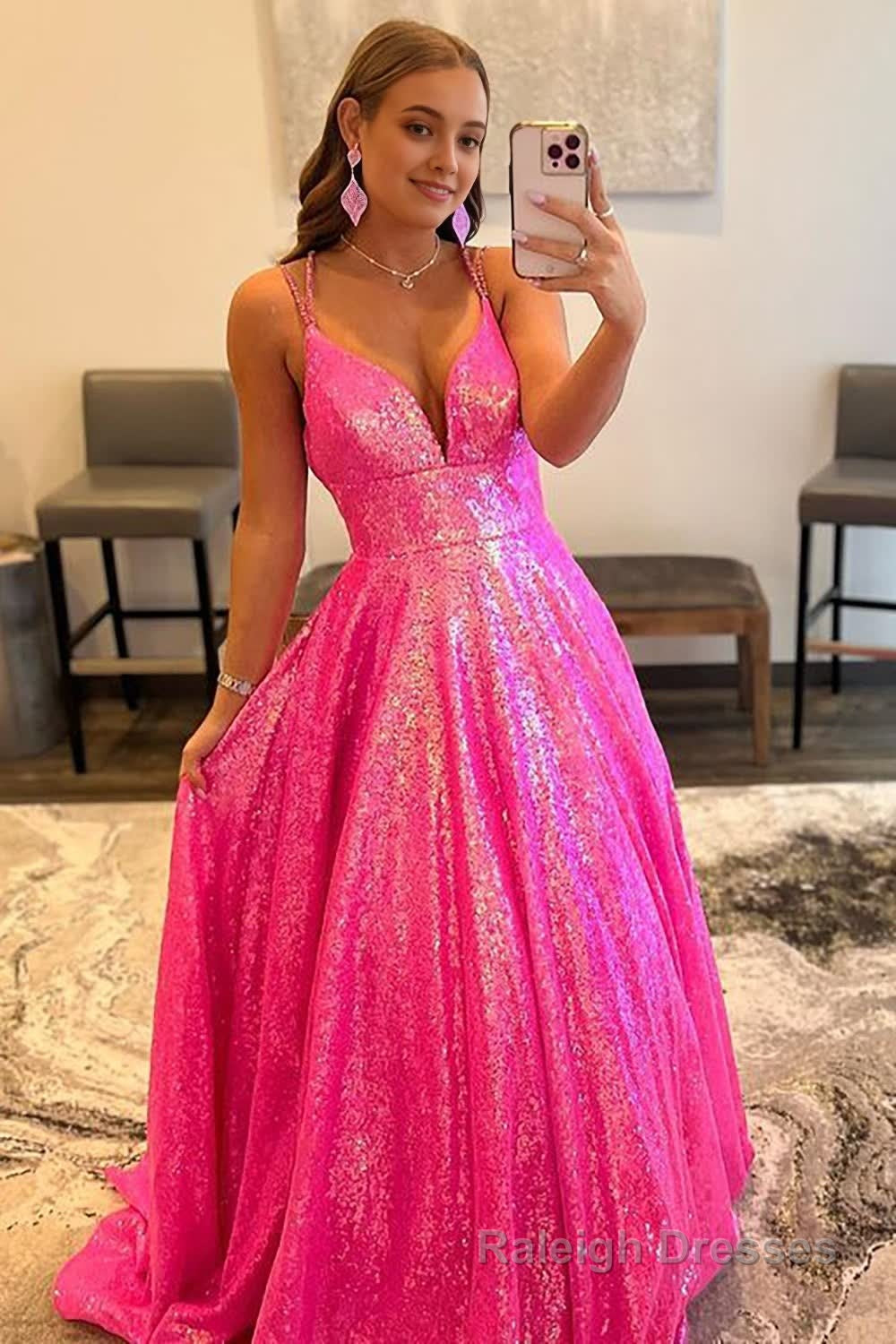 Glitter Fuchsia Sequins Long Prom Dress Main image