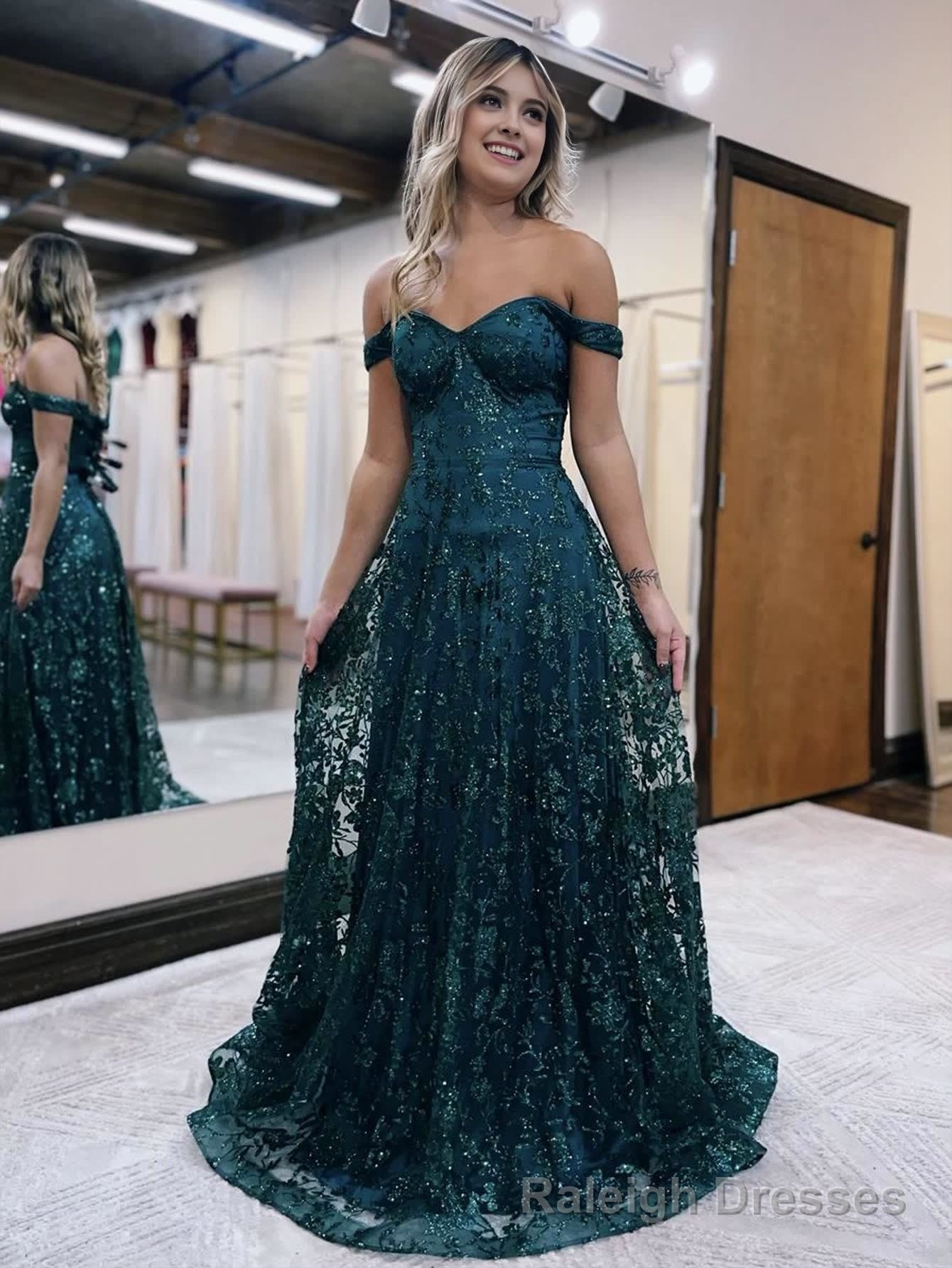 Glitter Mermaid Off The Shoulder Dark Green Long Prom Dress Main image