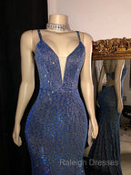 Glitter Mermaid Prom Dresses Long Spaghetti Straps V Neck Open Back Formal Evening Party Gowns