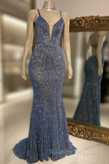 Glitter Mermaid Prom Dresses Long Spaghetti Straps V Neck Open Back Formal Evening Party Gowns