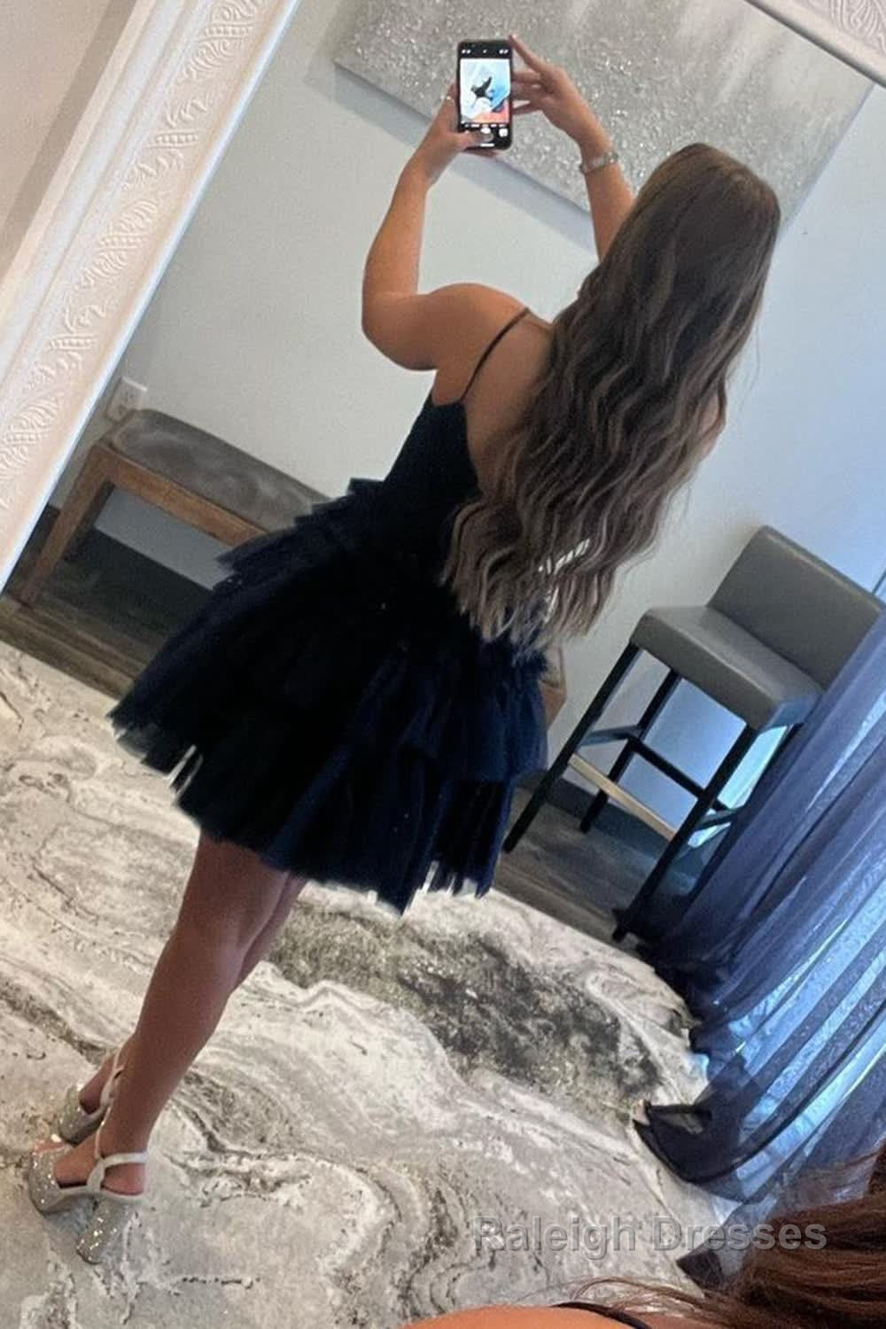 Glitter Navy Tiered Spaghetti Straps Short Homecoming Dress Secondary image