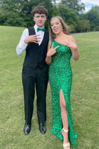 Glitter One Shoulder Hot Pink Sequins Mermaid Prom Dresses With Slit