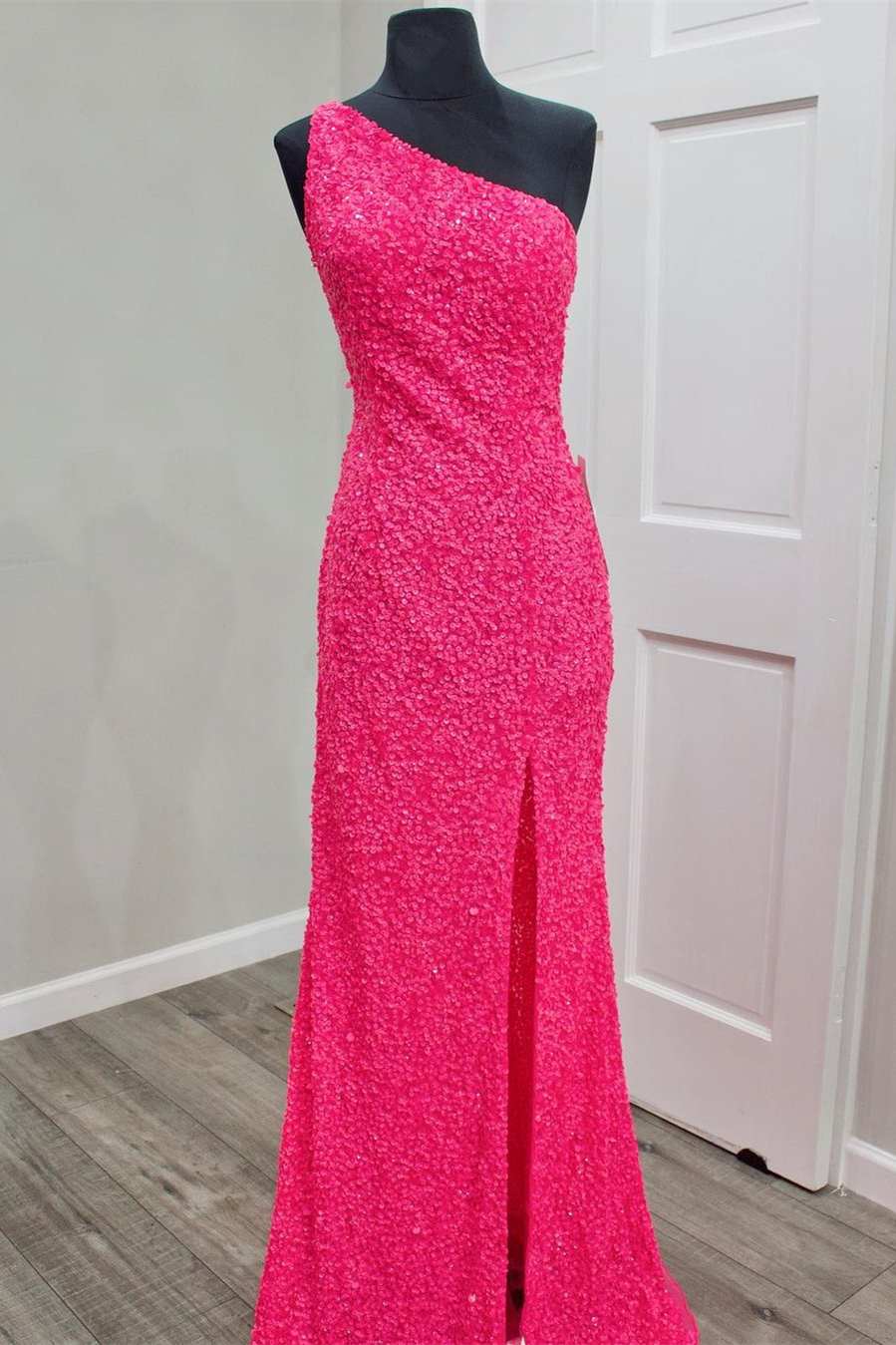 Glitter One Shoulder Hot Pink Sequins Mermaid Prom Dresses With Slit Main image