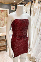Glitter Orange Strapless Sequined Mini Homecoming Dresses