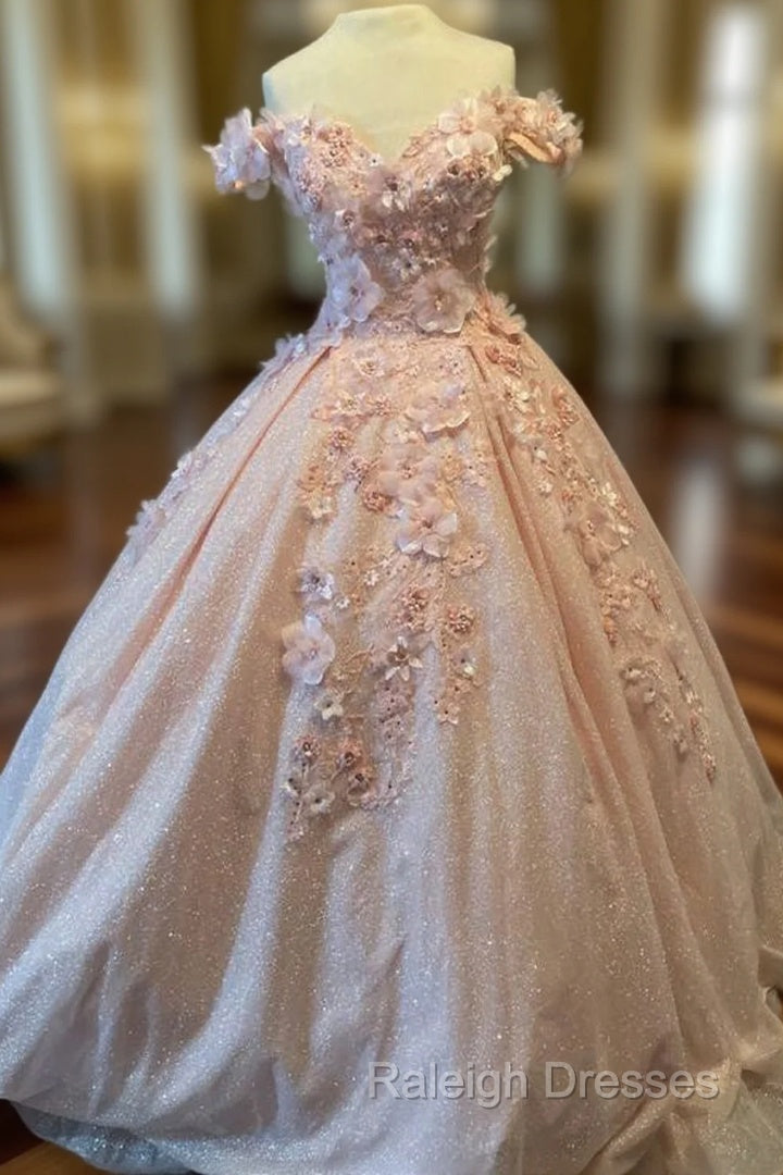 Glitter Pink Off The Shoulder Prom Dress Tulle Appliques Ball Gown Quinceanera Dress Main image