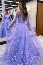 Glitter Purple A Line Long Prom Dress with 3D Flowers