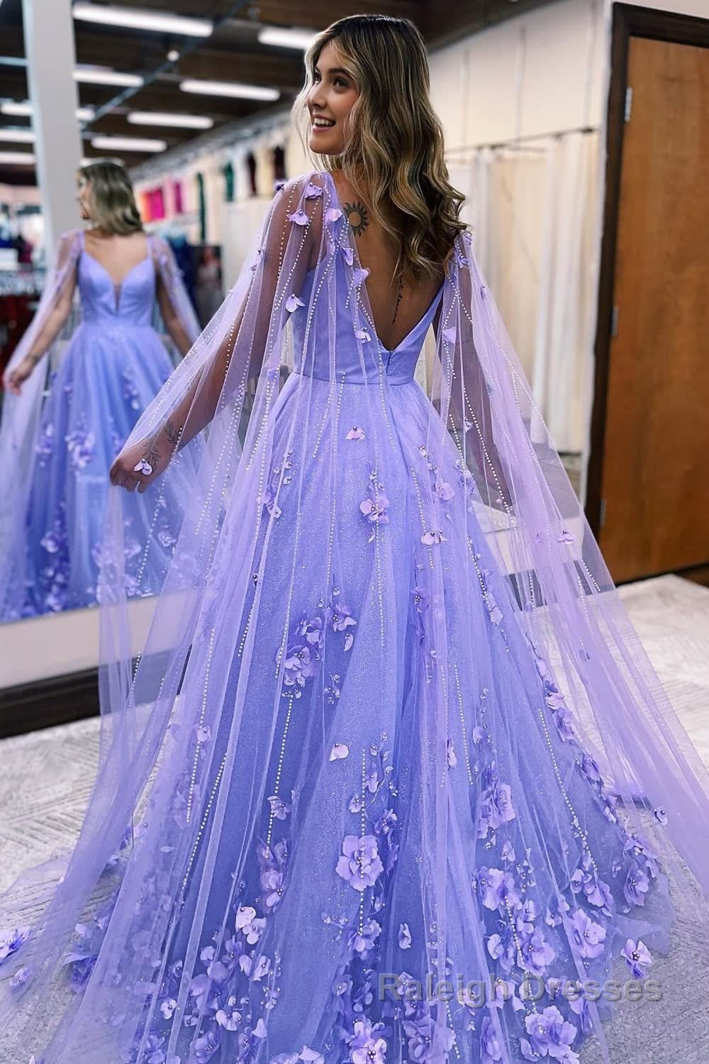 Glitter Purple A Line Long Prom Dress with 3D Flowers