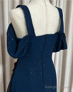 Glitter Radient Blue Prom Dress For Birthday& Pool Party-Elegant V-Neck Spaghetti Straps Evening Dress