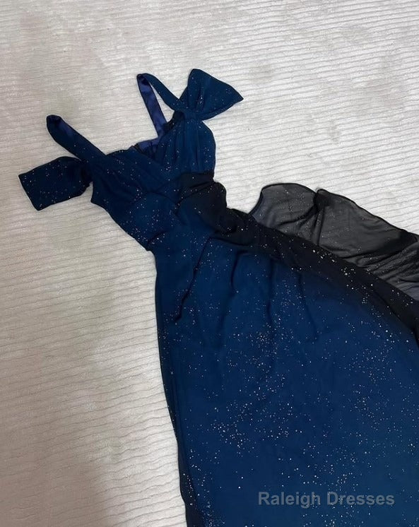 Glitter Radient Blue Prom Dress For Birthday& Pool Party-Elegant V-Neck Spaghetti Straps Evening Dress Main image