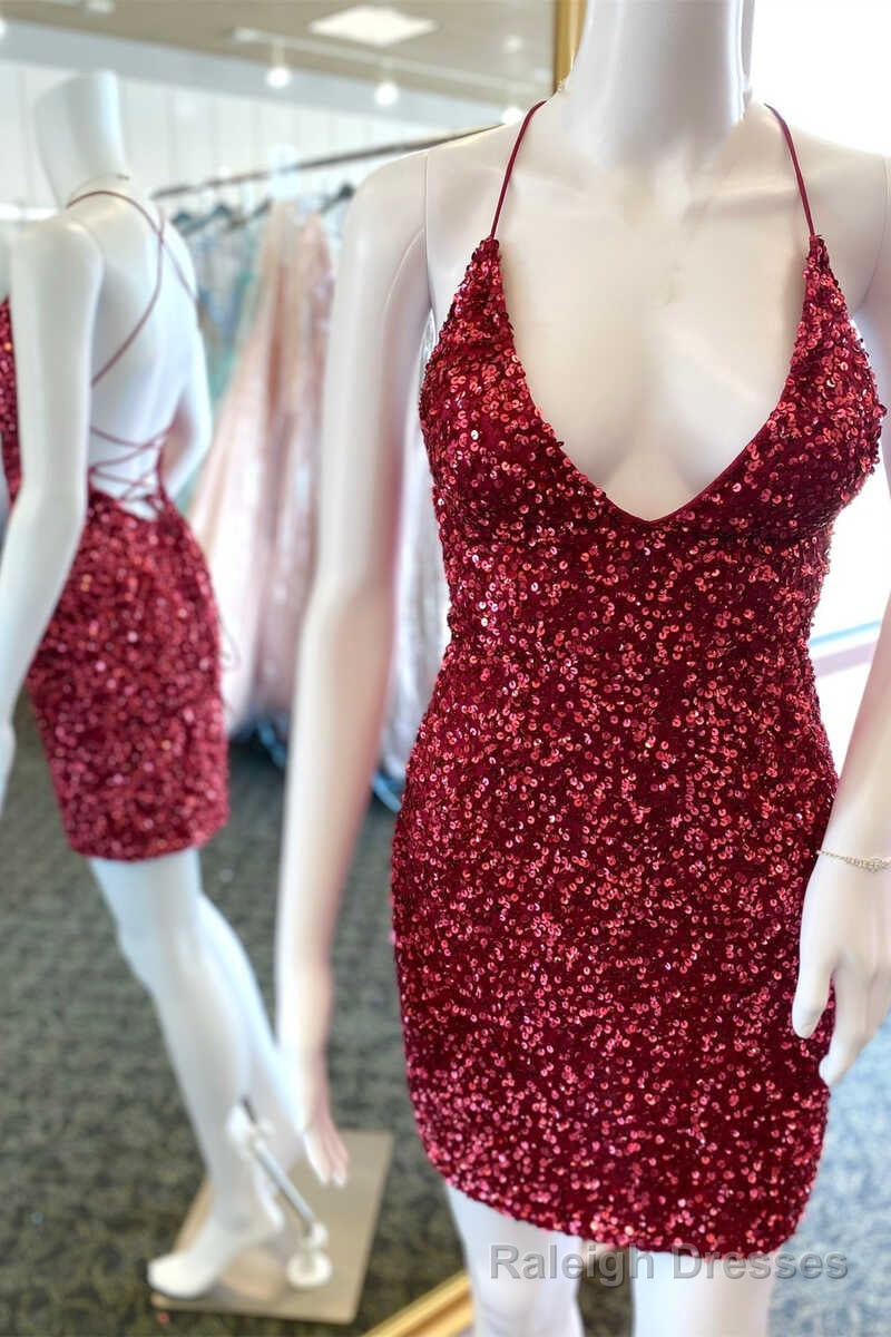 Glitter Red Sequin V Neck Short Homecoming Dresses Prom Dress Main image