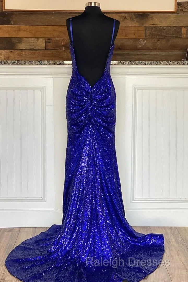 Glitter Royal Blue  Sequins Prom Dresses Regency Backless Mermaid Formal Dress
