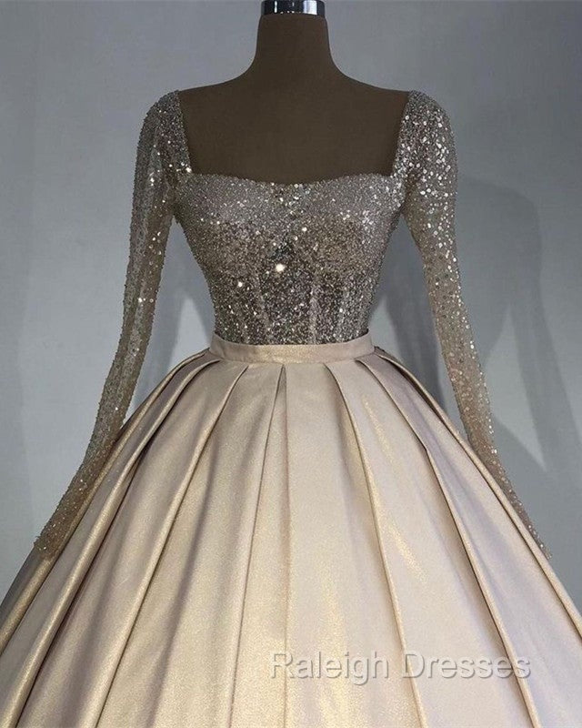 Glitter Sequins Long Sleeves Prom Ball Gown Satin Dresses Secondary image