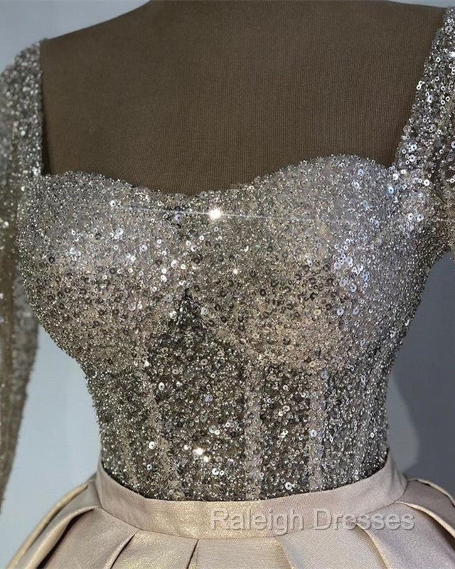 Glitter Sequins Long Sleeves Prom Ball Gown Satin Dresses