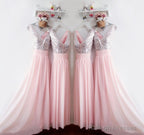 Glitter Sequins V Neck Long Chiffon Pink Bridesmaid Dresses