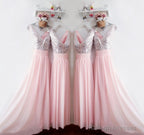 Glitter Sequins V Neck Long Chiffon Pink Bridesmaid Dress