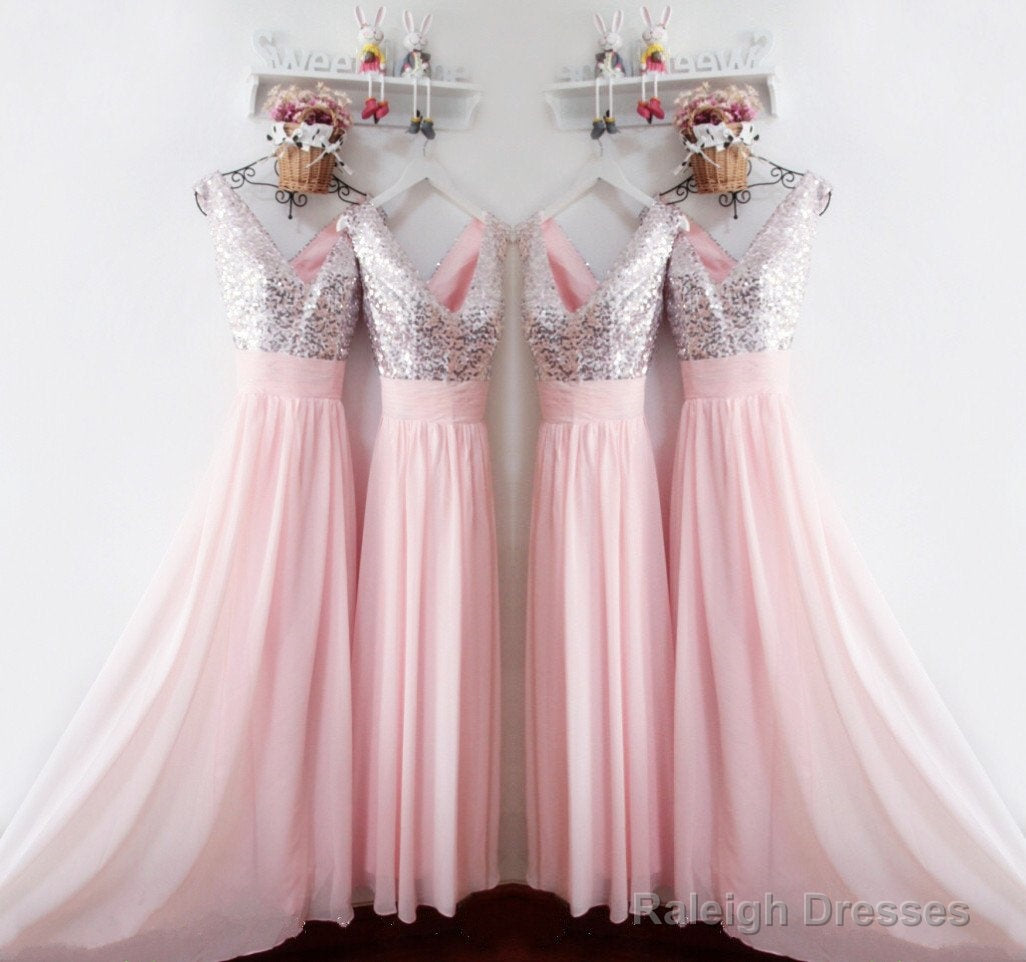 Glitter Sequins V Neck Long Chiffon Pink Bridesmaid Dress