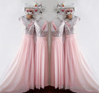 Glitter Sequins V Neck Long Chiffon Pink Bridesmaid Dresses