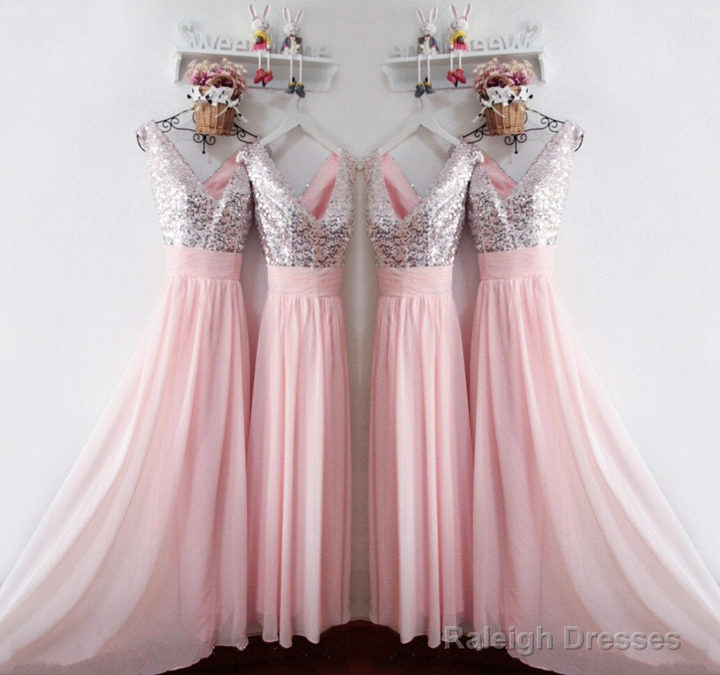 Glitter Sequins V Neck Long Chiffon Pink Bridesmaid Dresses