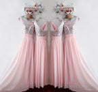 Glitter Sequins V Neck Long Chiffon Pink Bridesmaid Dress