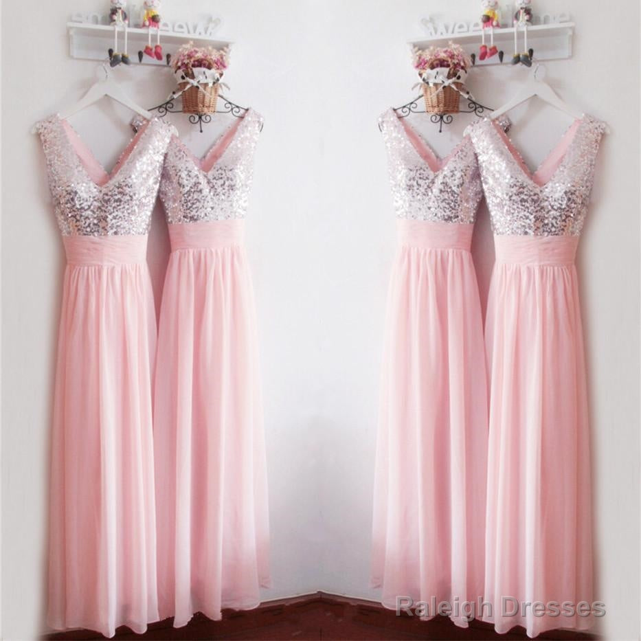 Glitter Sequins V Neck Long Chiffon Pink Bridesmaid Dresses Main image