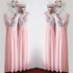 Glitter Sequins V Neck Long Chiffon Pink Bridesmaid Dresses