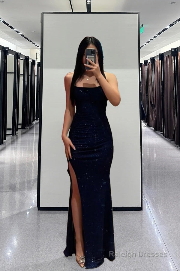 Glitter Sheath/Column Navy Blue Prom Dress with Split Main image